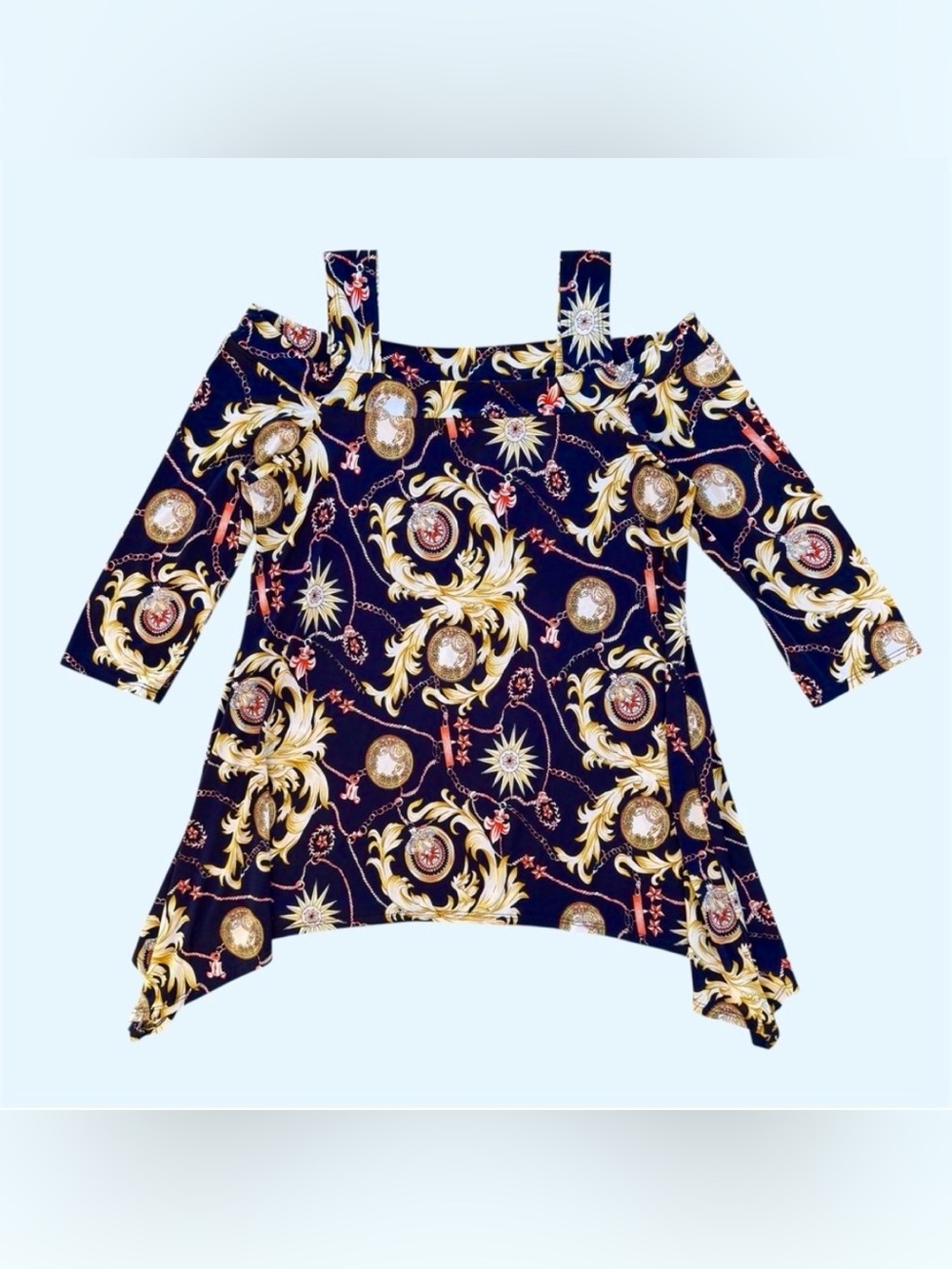 Baroque Equestrian Navy Blue and Gold Chain Print Cold-Shoulder Blouse, Womens L